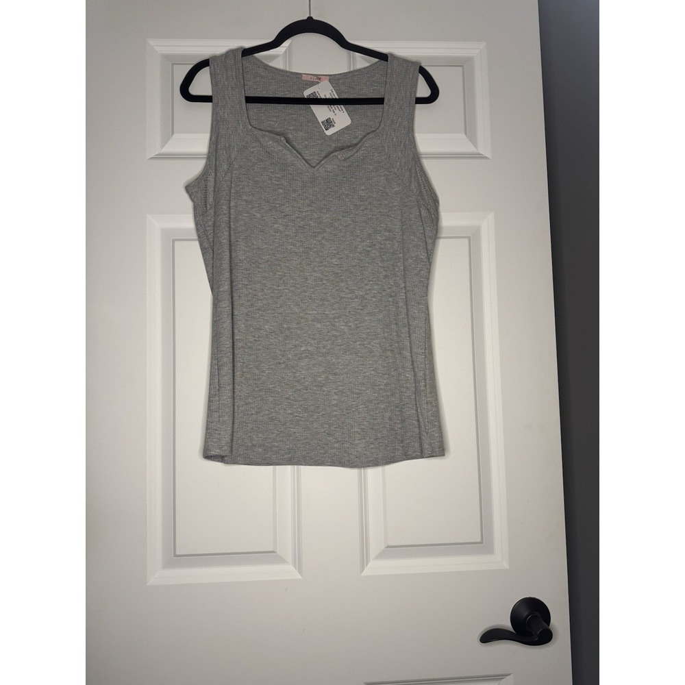 Ps Love Ribbed Sleeveless Split Neck Tank Top Gray Large Nwt 28